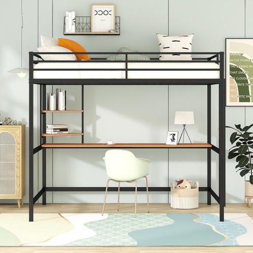 Modern Full Size Metal Loft Bed Frame with Desk and Shelves /Ladders Black - Picture 2 of 9