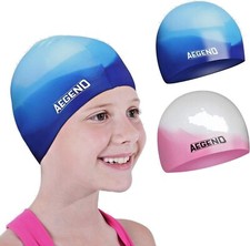 AEGEND 2 Pack Swim Caps Medium, Ages 4-8yrs , Durable Silicone BLUE/PINK - NEW