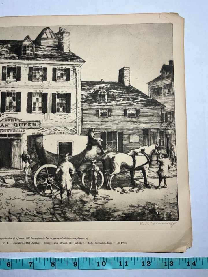 Vtg Print Etching Reproduction Hotel Indian Queen Distillers Rye Whiskey 1940's - Image 4 of 4