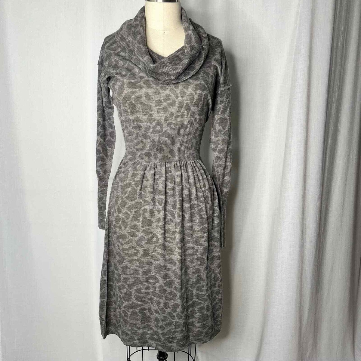 Rebecca Taylor Grey Leopard Print Cowl Neck Sweater Dress XS