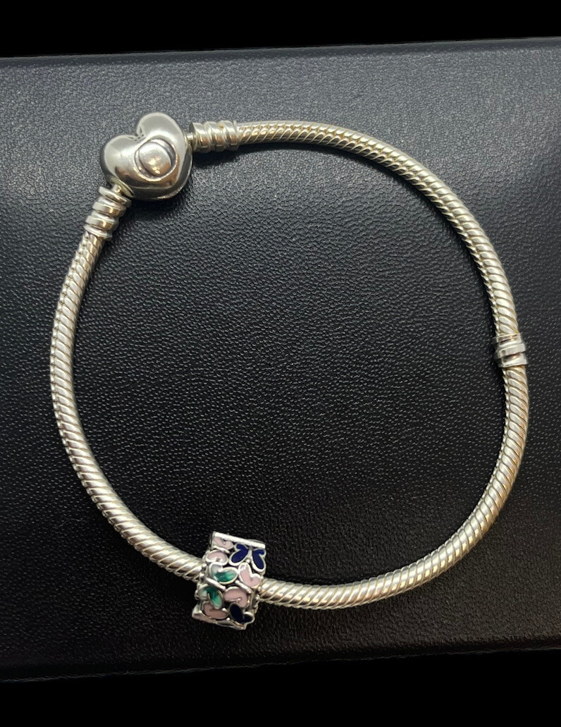 Pandora Moments Heart Clasp Snake Chain Bracelet w butterfly