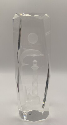 3D Laser Engraved Dolphin & Lighthouse Crystal Glass Block Paperweight Decor 6''