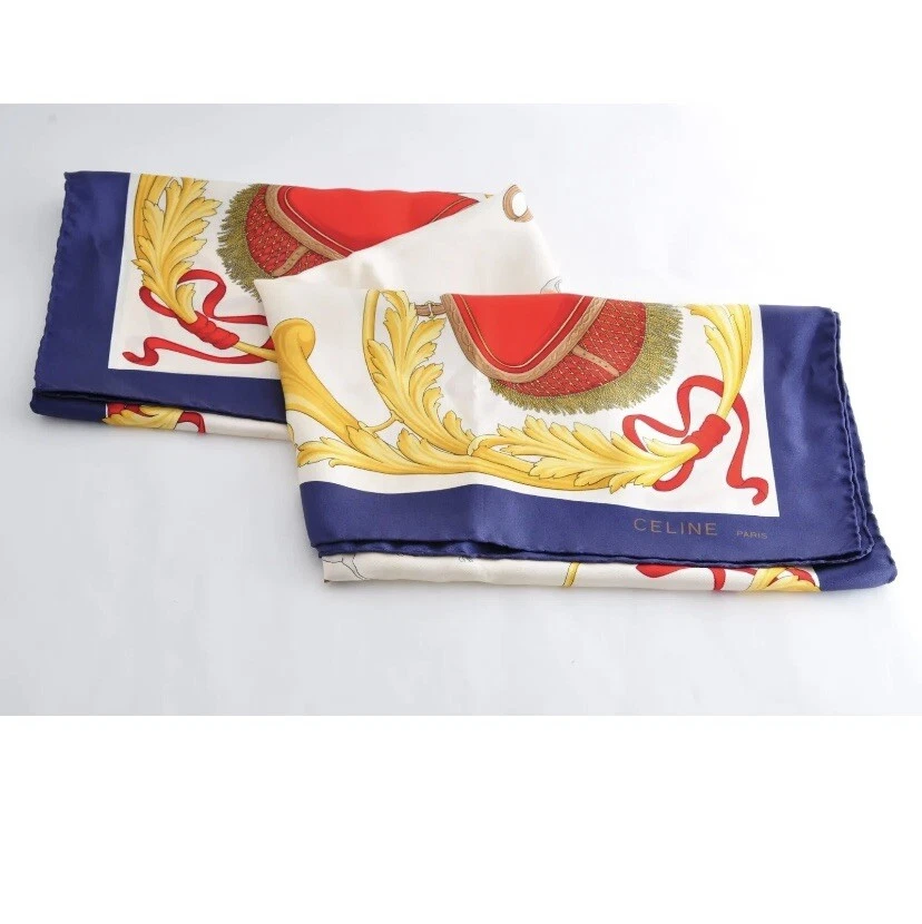 Auténtica bufanda de seda Celine Paris diseño plisado rojo blanco, caballo dorado, Francia Foto 4 de 4