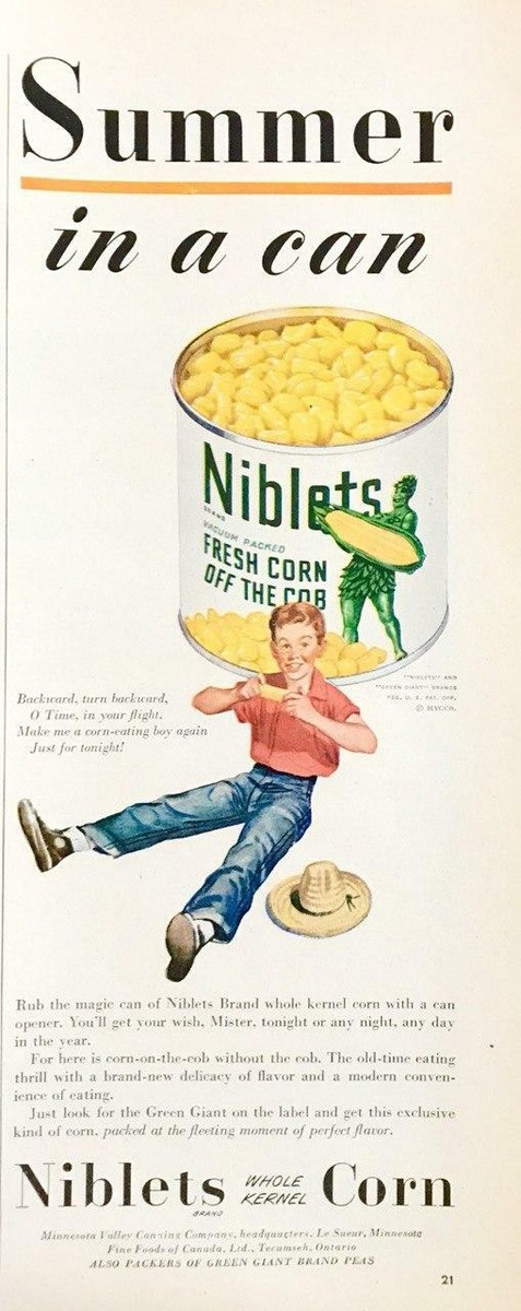 1948 Niblets Brand Whole Kernel Corn Print Ad Look for Green Giant on the  Label