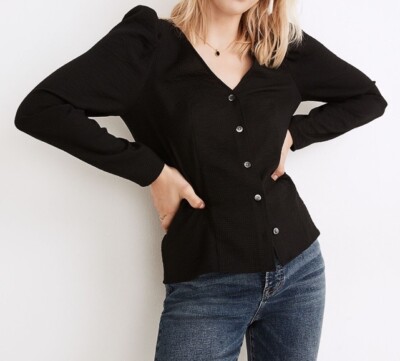 Madewell Westover Top Black Check V-Neck Button Front Long Sleeve Blouse  Size