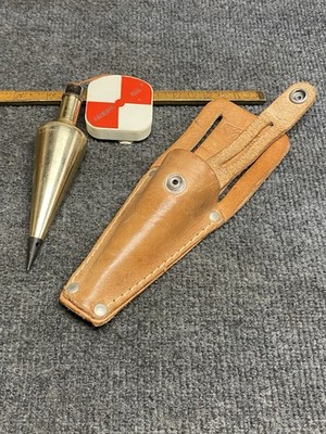 Grinder Schmitz 16 Oz Brass Plumb Bob With Leather Sheath And Gammon Reel USA