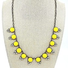VTG Retro Plunder Yellow Cabochon Bib Necklace Bronze Tone Clear Crystal Accents