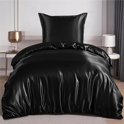 Satin Bettwäsche Set 135x200 Schwarz Luxus Seide Reißverschluss Kissen - Bild 1 von 4