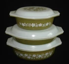 PYREX - 6 pc. Green & White SPRING BLOSSOM GREEN Divided Dish, Casseroles, Lids