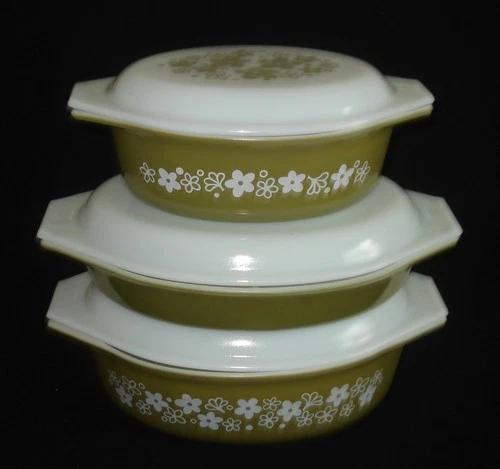 PYREX - 6 pc. Green & White SPRING BLOSSOM GREEN Divided Dish, Casseroles, Lids