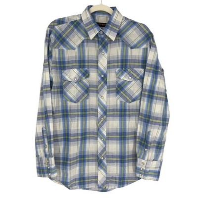 Roper Shirt Mens Medium Blue Green Plaid Cotton Blend Pearl Snap Western