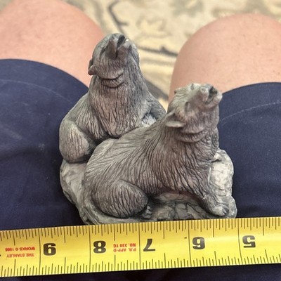 Alaskan Handmade Glacier Ice Silk Carving Of Two Wolves On Rocks, 1970S