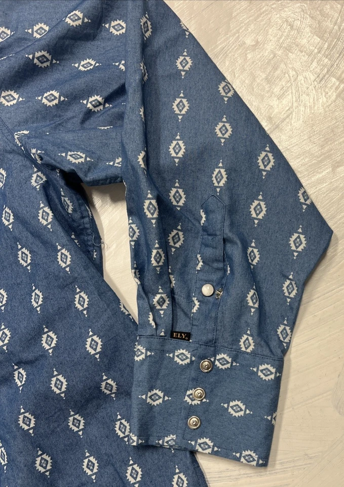 Camisa para hombre Ely Cattleman etiqueta negra talla XL azul perla a presión/blanco manga larga Foto 2 de 4