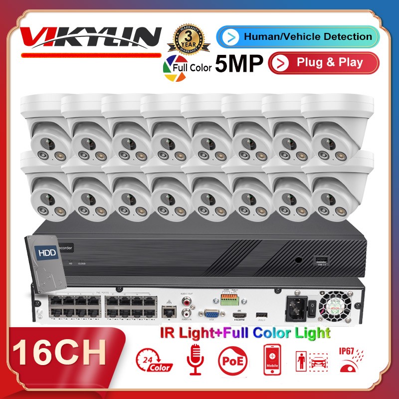 Kit 5mp Ip Camera Full Color+ir Audio 4k 16 Poe Nvr Lot