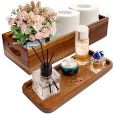 Handmade Toilet Tank Basket Topper  Vanity Tray Set of Natural Acacia Wood b...