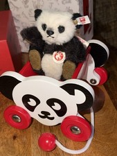 Steiff Panda Cart Wood Pull Toy In Original Box with Steiff Mini Panda 683510 LE