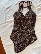 Swim Solutions Black Lace One Piece Swimsuit Size 10 with Tummy Control
