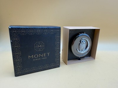 Monet Owl Rhinestone Compact Mirror Silver Tone Makeup Mirror w/ Box