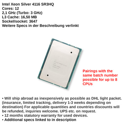 Intel Xeon Silver 4116 12x 2.10GHz (Turbo: 3GHz) LGA 3647 SR3HQ Processor CPU