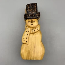 Vintage Snowman Trinket Jewelry Box Wood Hand Carved Felt Lined Kitschy 6" 