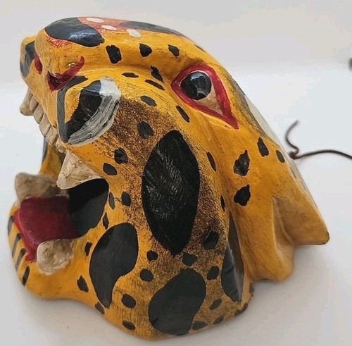Mexican Folk Art Hand Carved Wood Roaring Jaguar Leopard Cat Head Guerrero 8"