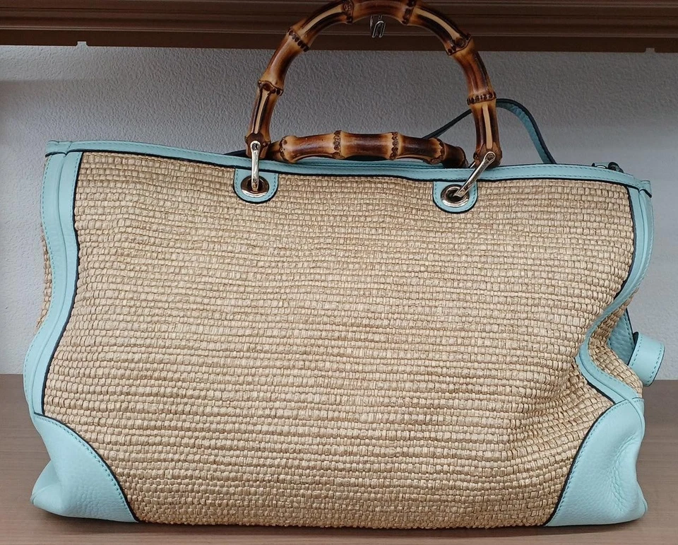 Bolso de Mano Gucci Rafia Bambú Shopper Grande Hombro Cuero Azul Paja 323658 Foto 2 de 4