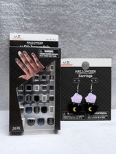 Halloween Press On Nails 24pc  Earrings Set Spooky Bat Moon Jewelry New