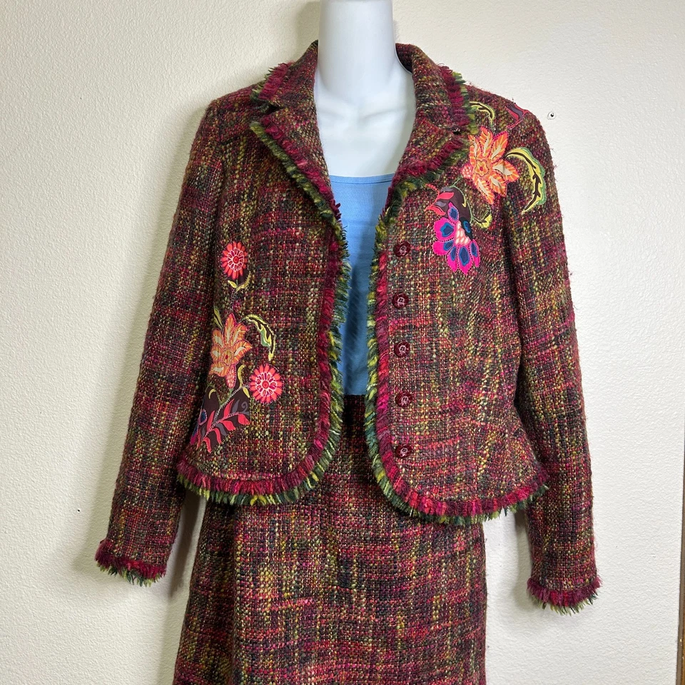 JON by Teri Jon Tweed Suit Jacket Skirt Womens 6 Wool Tweed Fringe Floral 3878 - Image 3 of 4