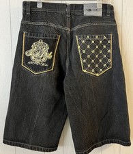 Vintage Y2K Southpole Premium Denim Shorts Black Embroidered Logo Size 34x15
