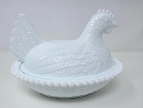 Vintage Indiana White Milk Glass Chicken Hen on Nest Covered Candy Bowl/Dish 7"
