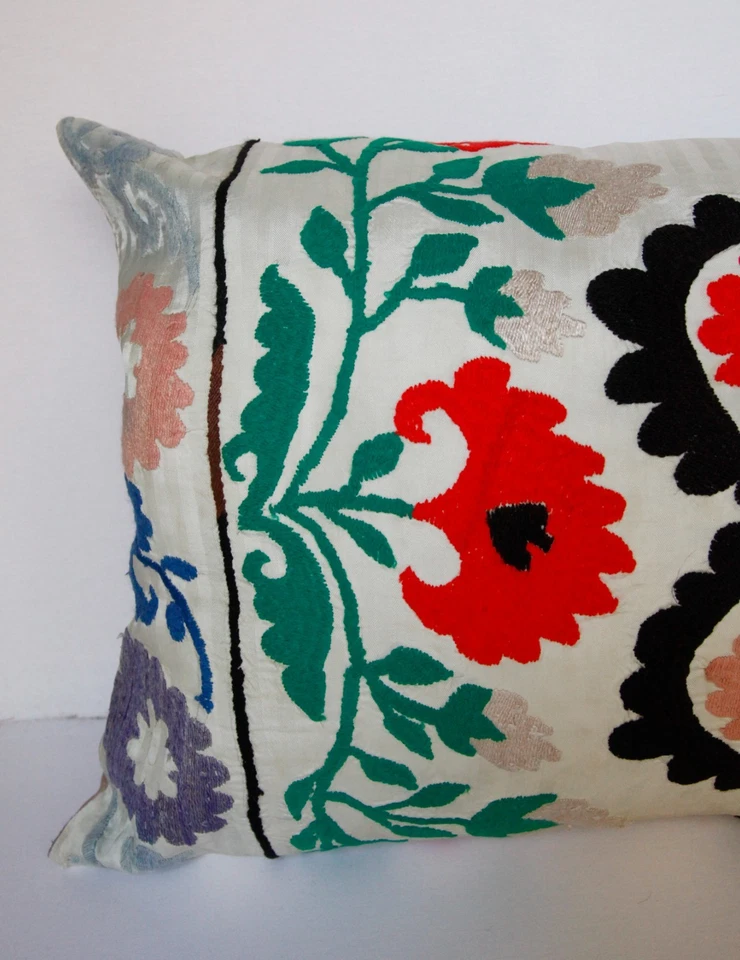 Ethnic Suzani Lumbar Cushion , Authentic Embroidered Vintage bedding  pillow, - Image 3 of 4