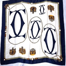 Cartier Paris Vintage Silk Scarf Navy Blue Gold Crest Logo 34" Square