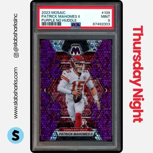 2023 PANINI MOSAIC PATRICK MAHOMES II PURPLE NO HUDDLE MOSAIC PRIZM /50 PSA 9