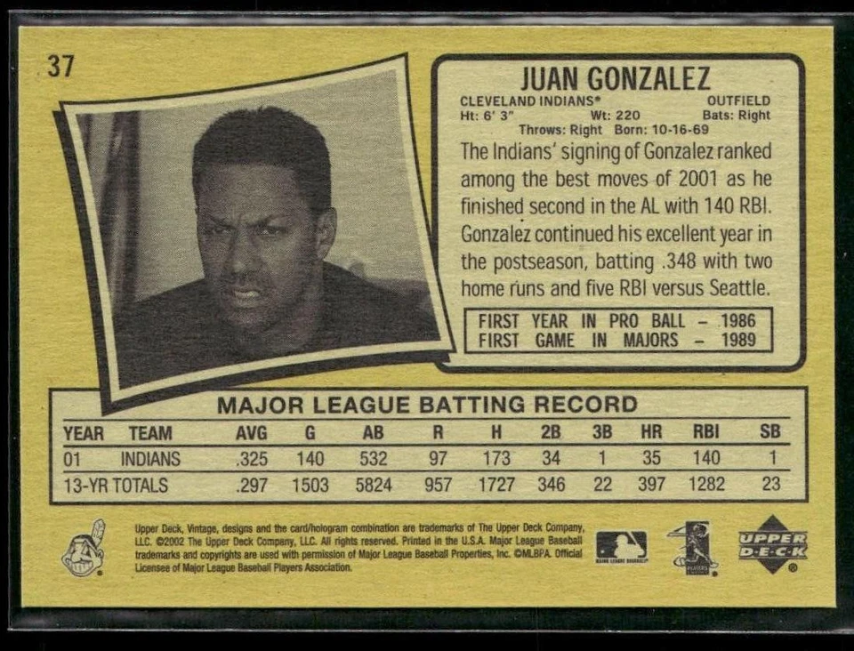 2002 Upper Deck Vintage Juan Gonzalez #37 Cleveland Indians - Image 2 of 2