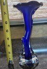 Cobalt Blue 8" Murano Art Glass Bent Neck, Swung Flower Vase White Glass Top VTG