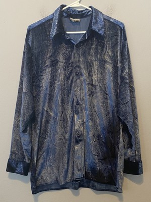 Vintage ELEE Los Angeles Y2K Disco Blue Velour Crocodile Long Sleeve Button Up