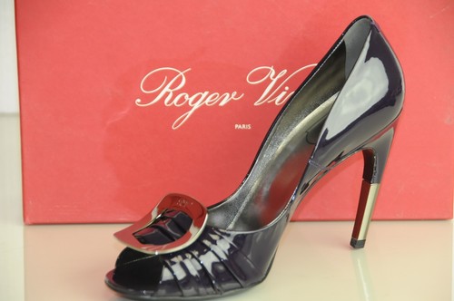 New Roger Vivier Patent GIGI Ink Navy Blue Purple Silver Buckle Shoes 39.5 9 - Picture 7 of 11