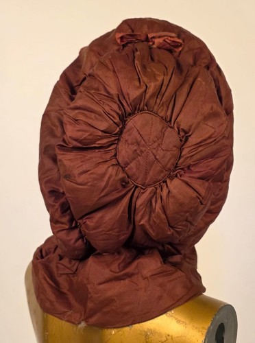1830’S GOOSE DOWN FILLED BROWN SILK PUMPKIN HOOD W RIBBON TIES - Picture 2 of 7