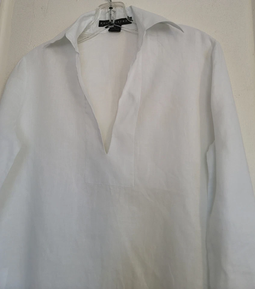 Blusa Ralph Lauren Etiqueta Negra Mujer Talla 4 Blanco Lino Túnica Cuello en V Aberturas  Foto 2 de 4