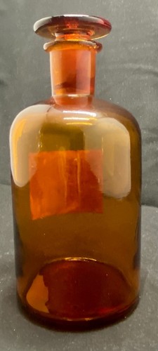 SCHÖNHEIT ANTIKE BERNSTEINGLAS APOTHEKENFLASCHE, mit KAPPE + ETIKETT 7" (H) c1920 v/gut - Bild 4 von 6
