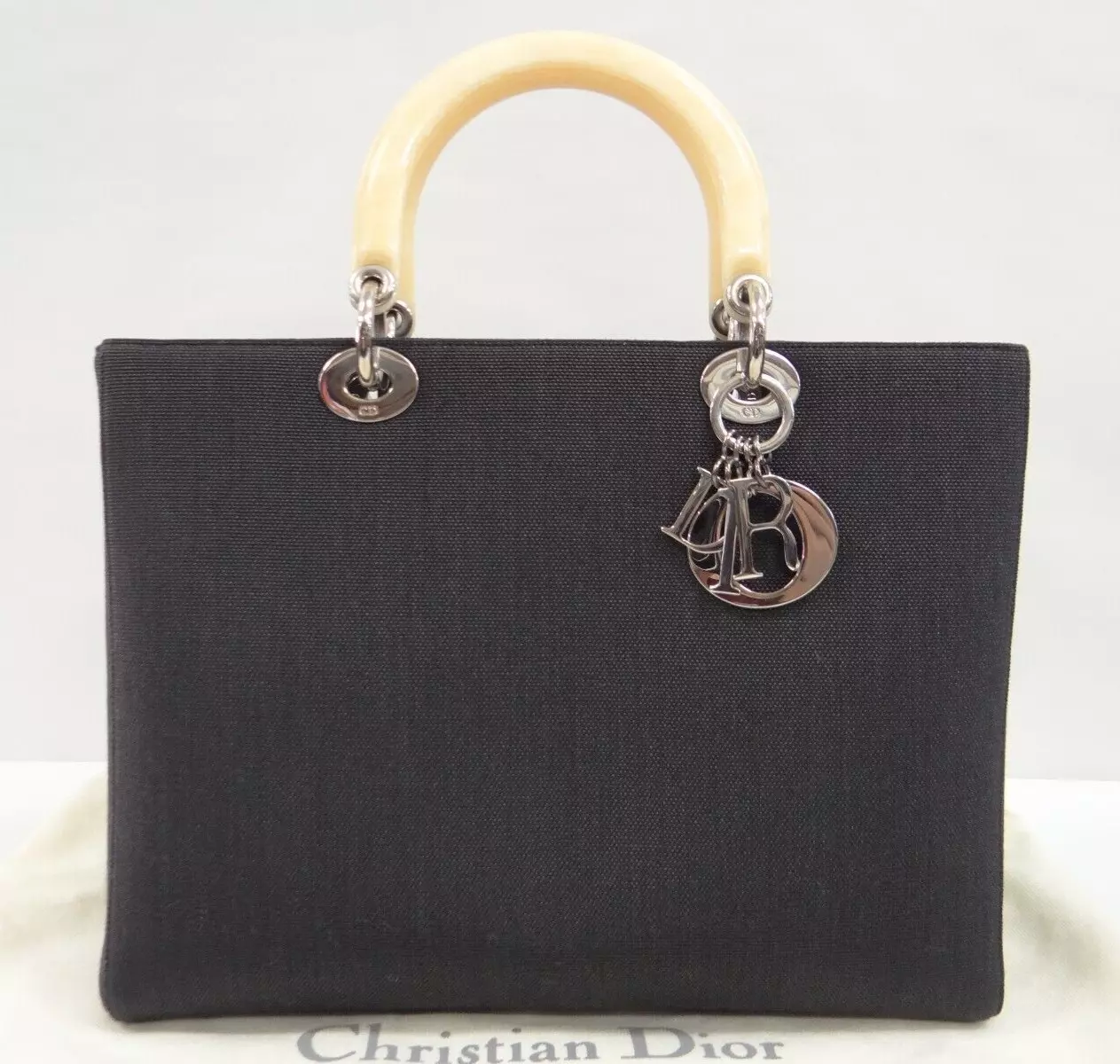 Sac bandoulière Christian Dior Lady Dior toile noire ivoire manche résine Italie