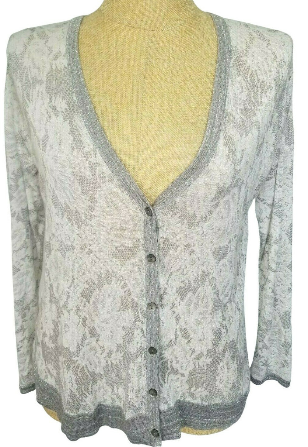 Chicos Silver Grey White Lace Overlay 