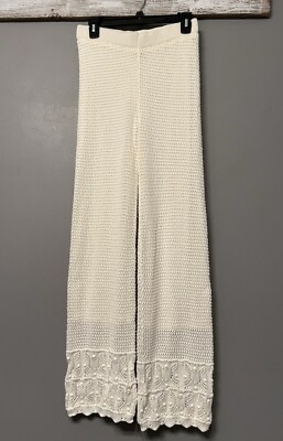 Pink Rose Cream Crochet Knitted Flare Leg Boho Pants Side Medium Pull On Beach