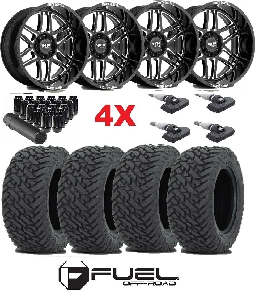 GLOSS BLACK MILLED DEEP LIP DISH WHEELS RIMS TIRES 33 12.50 22 W/ FUEL TIRES MT