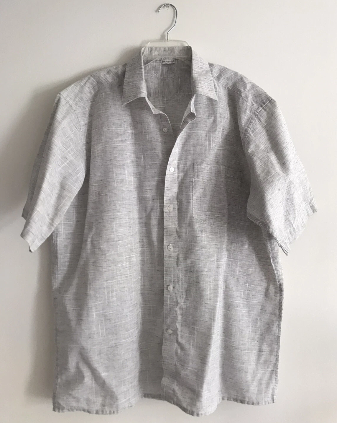 Dennis Morton Button Up Linen Shirt Mens Size 46 Gray Short Sleeves Collared