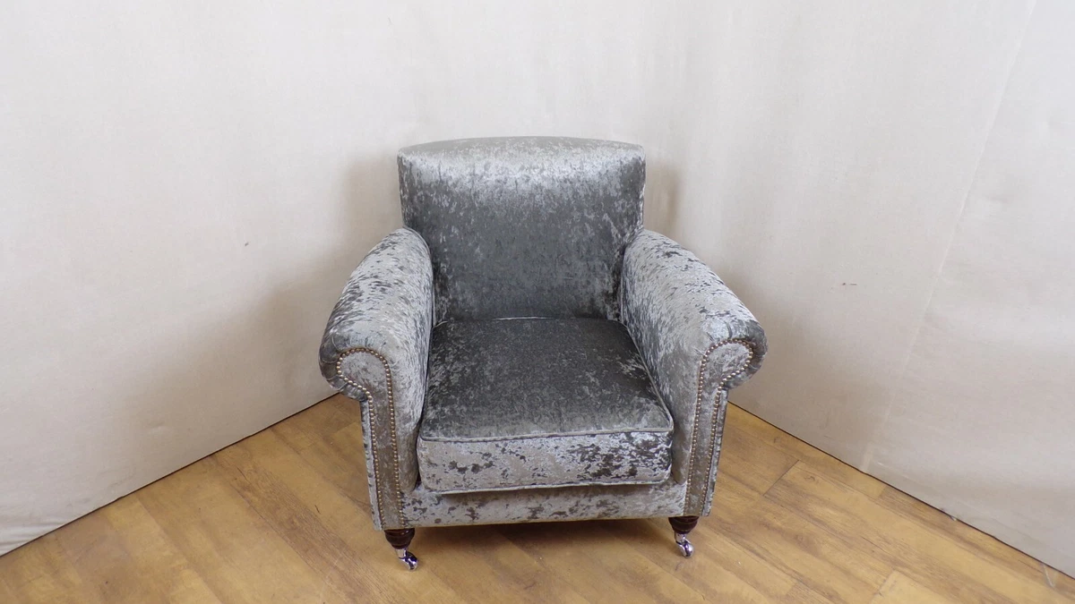 Steel Grey Crushed velvet Armchair chrome castors