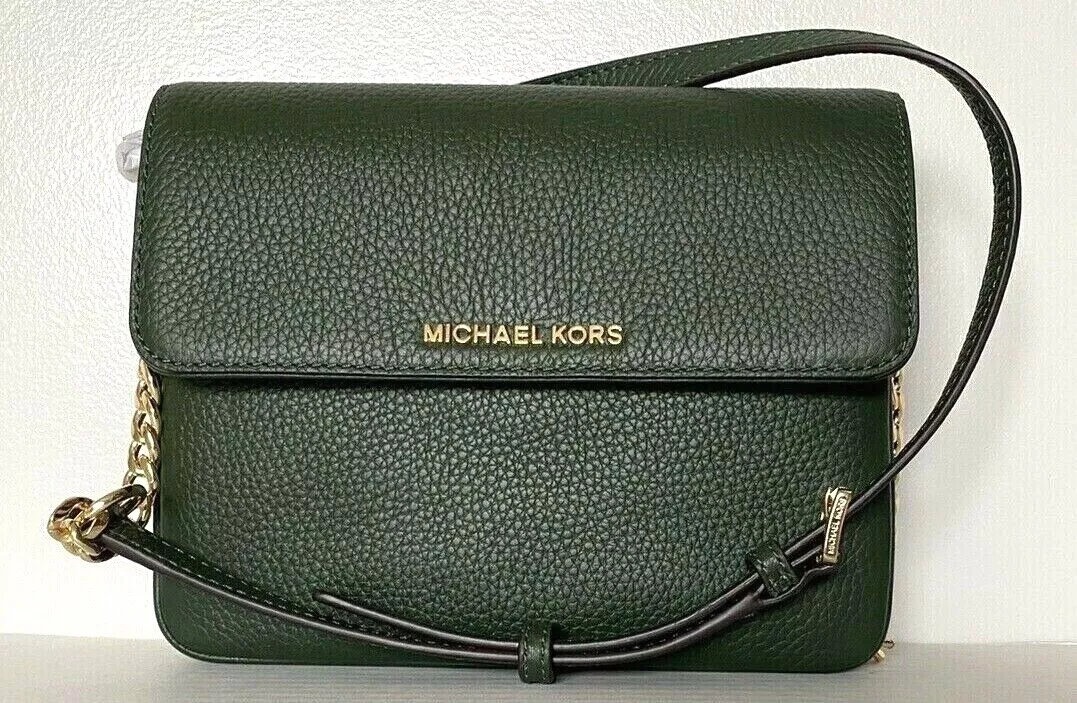 New Michael Kors Bedford Large Double Gusset Crossbody Bag Leather Moss