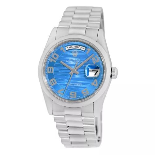 ROLEX Platinum 36mm Day Date President Blue Wave 118206 Box Warranty MINTY