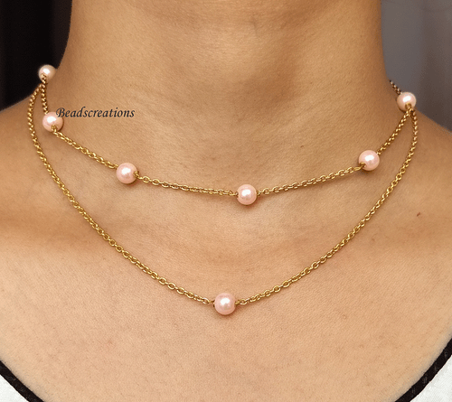 Duble Strand Pink Pearl Beads Chain Necklace Wedding Jewelry Gift for Wife - Picture 1 of 3