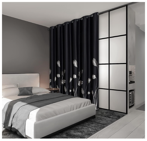 Estelar Textiler Black w/Silver Palm Tree Design Blackout Curtain 80"W x 108"L - Picture 2 of 9